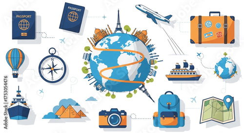 World travel and tourism concept with famous landmarks, passport, airplane, ship, compass, camera, backpack, map and suitcase on