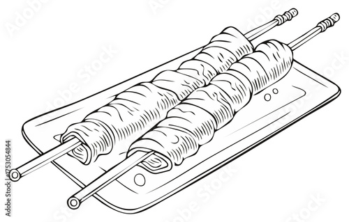Illustration of two meat rolls on sticks served on a platter