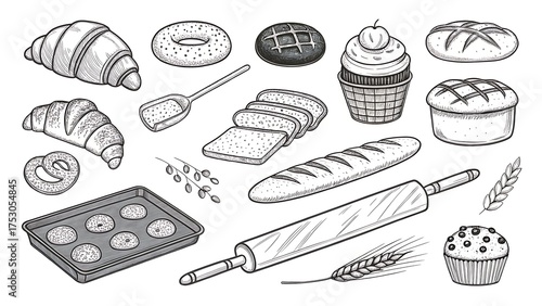 Hand drawn bakery items and baking tools sketch collection