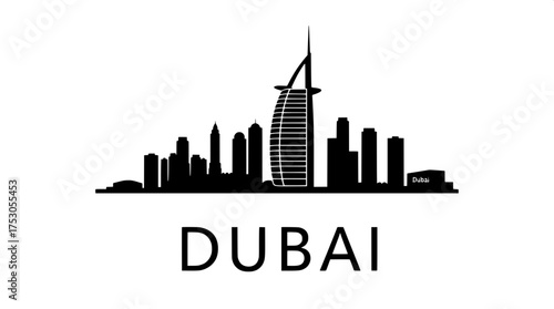 A detailed vector illustration of the Dubai skyline at eye-level, rendered in solid black on a pristine white background, showcasing the iconic Burj Al Arab in silhouette form, along with surrounding 