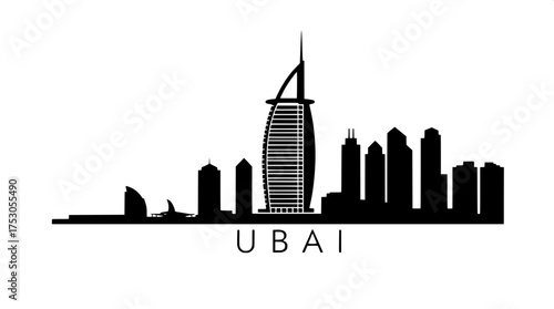 A detailed vector illustration of the Dubai skyline at eye-level, rendered in solid black on a pristine white background, showcasing the iconic Burj Al Arab in silhouette form, along with surrounding 