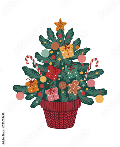 Whimsical vector illustration of small decorated Christmas tree in red knitted pot with gifts, ornaments, candy canes, gingerbread, star topper. Cozy festive holiday design on transparent background