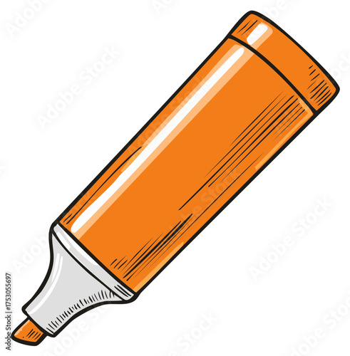 Vivid orange highlighter sketch illustration, essential stationery for highlighting, note taking and office supplies