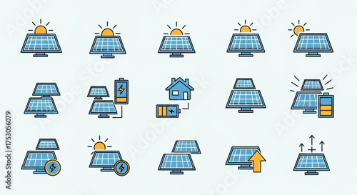 Set of solar panel icons, representing renewable energy, sustainability, and ecofriendly power generation
