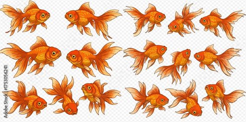 A collection of cartoon goldfish swimming in various directions.