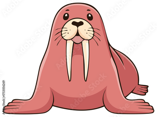Cartoon walrus with large tusks vector illustration of a cute marine mammal, arctic wildlife creature, sea animal cartoon image