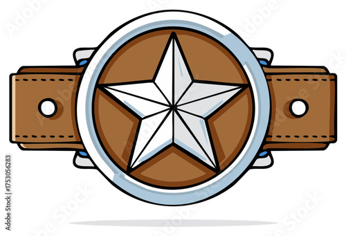 Cartoon style sheriff or ranger star emblem on a brown leather belt buckle illustration