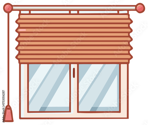 Residential window with fully closed pleated roman blinds and pull cord