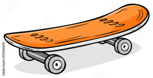 Cartoon style skateboard graphic illustration with bright orange deck and wheels, active lifestyle
