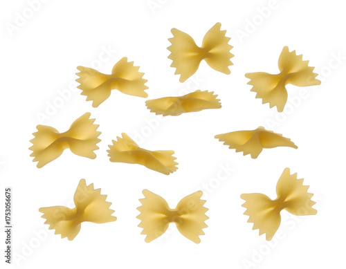 Several pieces of uncooked farfalle (bow-tie) pasta Isolated on a pristine white background 
