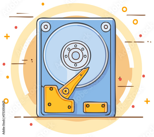 Illustration of a blue internal hard drive with a yellow actuator arm and decorative elements