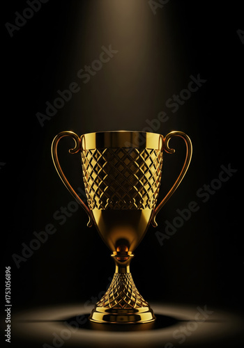 Golden Trophy With Ornate Handles And Diamond Pattern Under Spotlight On Black Base