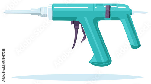 Simplified illustration of a caulking gun in turquoise and purple shades with a soft shadow.
