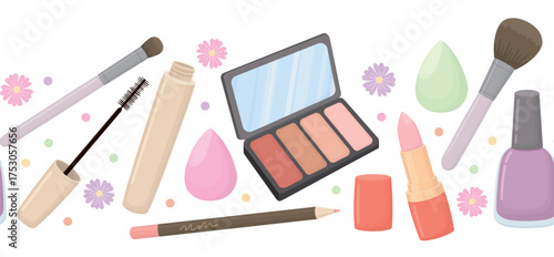 Seamless border with makeup essentials. Horizontal background with lipstick, eyeshadow palette, nail polish, sponges, pencil, brushes, mascara