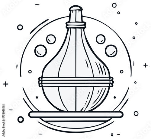 Line art drawing of oil diffuser on stand with bubbles inside of a circle symbol for wellness relaxation