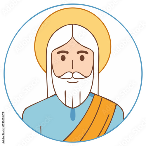 Cartoon illustration of a religious figure with long white hair and beard inside a circle