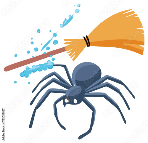 Broom sprays water on large spider, cartoon illustration for pest control or cleaning