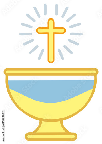 Baptism Font With Water And Glowing Cross Icon For Religion Or Ceremony