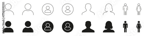Male and Female User Avatars with Profile Circles Solid Icon Set. Personal Identity, Contact Access, and Social Account Silhouette Symbol Collection. Isolated Vector Illustration