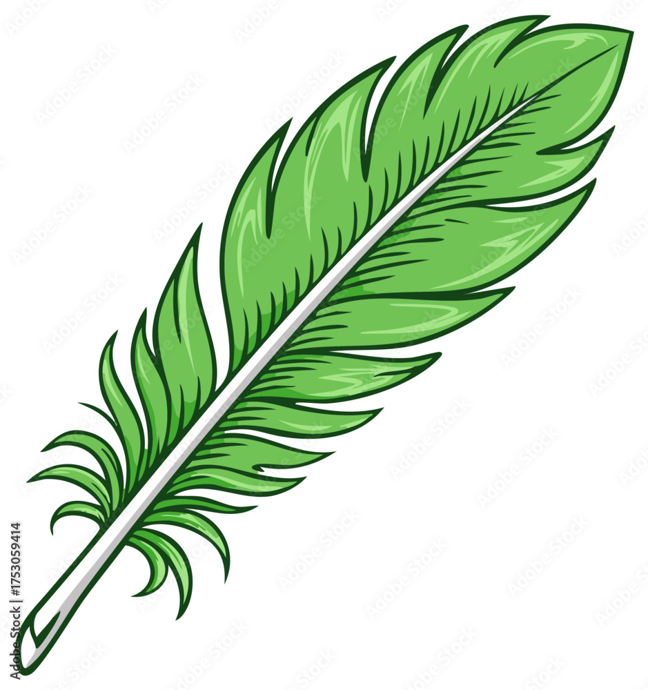 Fototapeta premium An illustrative cartoon style green feather with a white stem isolated vector graphic element for design projects and creative works