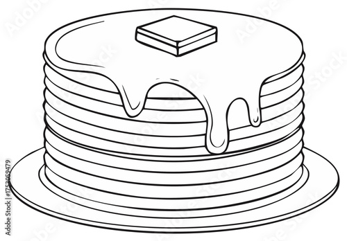 Coloring page of a tall stack of pancakes topped with melting butter and dripping maple syrup