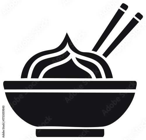 Stylized Black Icon of Noodles in a Bowl with Chopsticks Ready to Eat