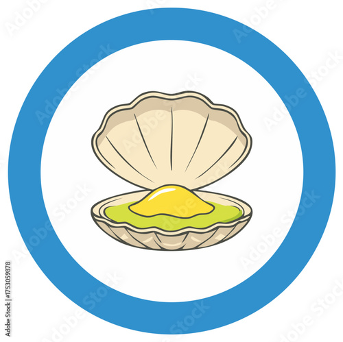 Stylized Open Oyster Shell with Pearl Inside Blue Circle Icon