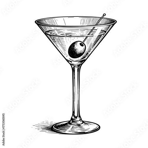 Classic Martini Cocktail Drink glass Engraving Vector Illustration