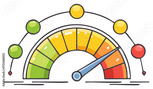 Colorful meter gauge showing a high risk or critical level. Performance indicator speedometer icon.