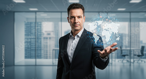 Man in suit holds holographic world map in modern office with city view behind