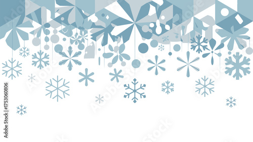 A festive background with hanging snowflakes and geometric shapes in shades of blue and white color scheme