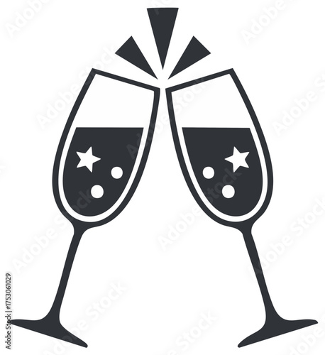 Cheers champagne flutes with stars and bubbles, abstract illustration for celebration