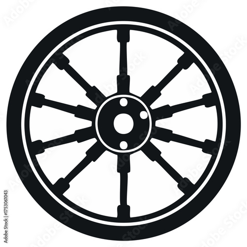 Old-fashioned Wheel Silhouette with Spokes, Hub, and Circular Rim