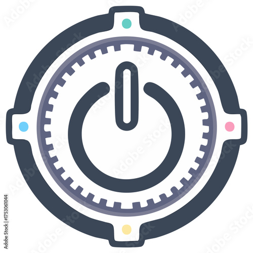 Circular power button icon illustration with gear design and colorful details.