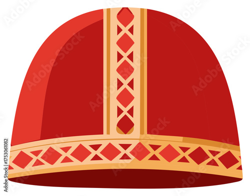 Illustrative Mitre Depicting Red Fabric and Ornamental Gold Trim Detailing Diamond Accents