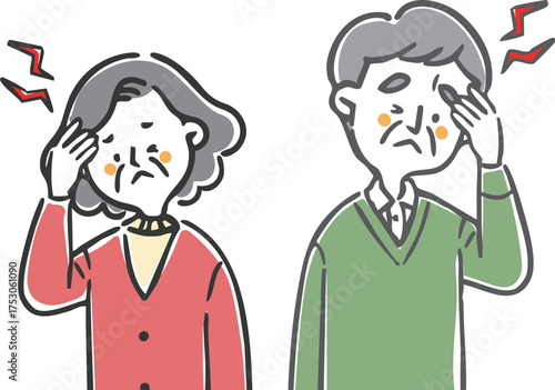 頭痛に悩むシニア夫婦　上半身　ベクター
