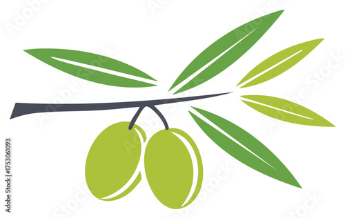 Stylized Olive Branch with Green Olives and Leaves Simple Vector Design