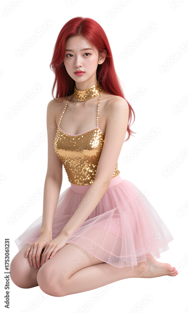 Naklejka premium Red-Haired Woman in Gold Sequined Top and Pink Tulle Skirt, On Transparent Background, 3D Realism Fashion Illustration