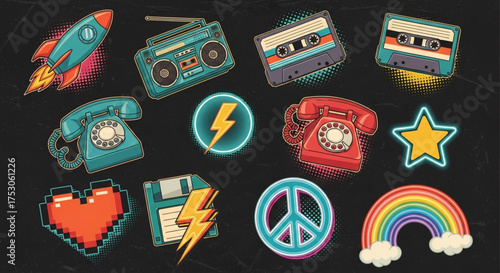 Retro 80s and 90s style stickers with rocket, cassette, boombox, telephone, heart, rainbow, star, floppy disk, peace sign on dark background