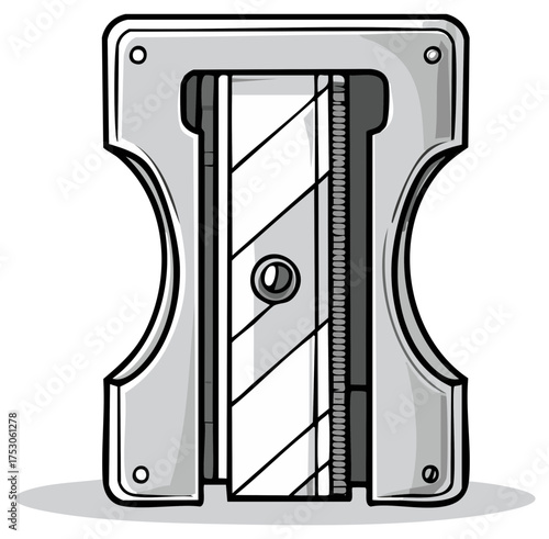Metal Pencil Sharpener Illustration Close Up Detailed Design with Blade and Gear Isolated Drawing