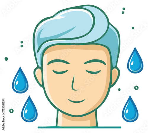 Man with towel wrapped around head enjoying water drops for skincare