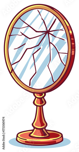 Cartoon illustration of a broken vanity mirror with ornate gold and red frame.