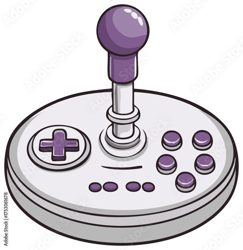Retro video game arcade joystick controller with purple buttons, vector illustration