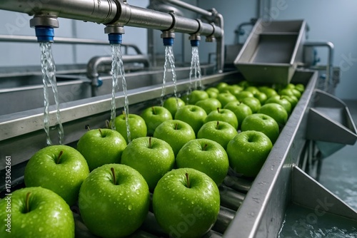 Vibrant green organic apples receive a meticulous washing on an automated stainless steel conveyor, guaranteeing pristine freshness for healthy consumption and food safety