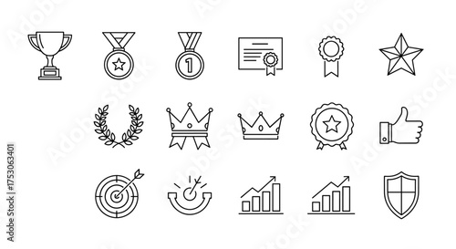 Award and achievement vector line icon set. Trophy, medal, certificate, star, laurel wreath, crown, thumbs up, target. Concept for winner, success, victory, goal, quality.