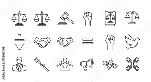 Justice and law icon set. Human rights, equality and freedom symbols. Legal system, court, and civil rights line icons. Protest, peace dove, and solidarity fist vector.
