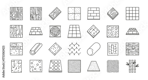 Floor materials line icon set. Flooring and surface collection. Wood texture. Parquet. Ceramic tile. Rug. Carpet. Linoleum. Stone. Paving. Bamboo. Interior design elements.