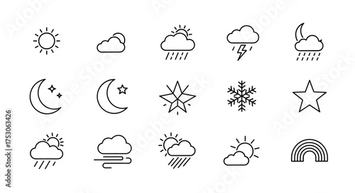 Weather forecast icon set. Line art collection of meteorological symbols. Sun, cloud, rain, thunderstorm, snow, moon, star, wind, rainbow. Minimal outline pictogram pack.