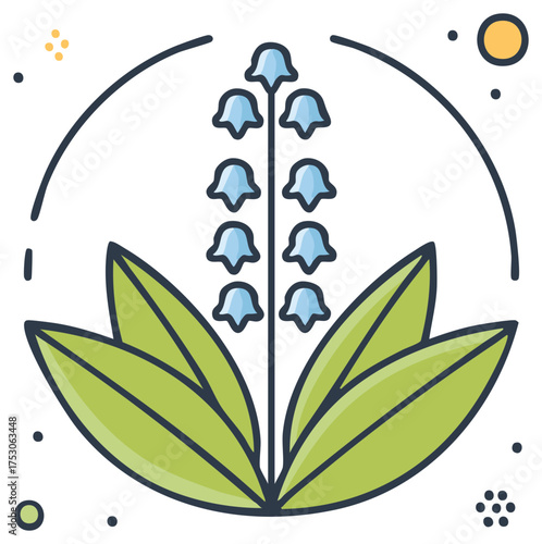 Stylized illustration of a lily of the valley flower with green leaves surrounded by a round element with particles, botanical illustration