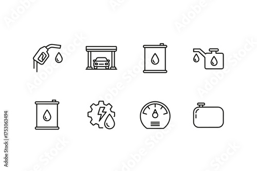 Fuel and oil line icon set. Car service and gas station symbols. Petrol pump, engine oil can, barrel, and fuel tank vector icons. Automotive industry and transportation signs.